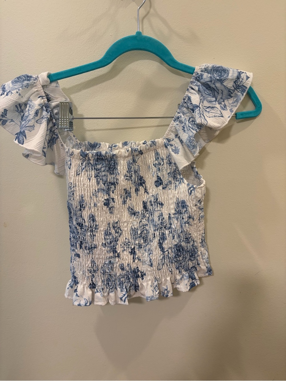 Altar'd State White and Blue Floral Smocked Ruffle Crop Top